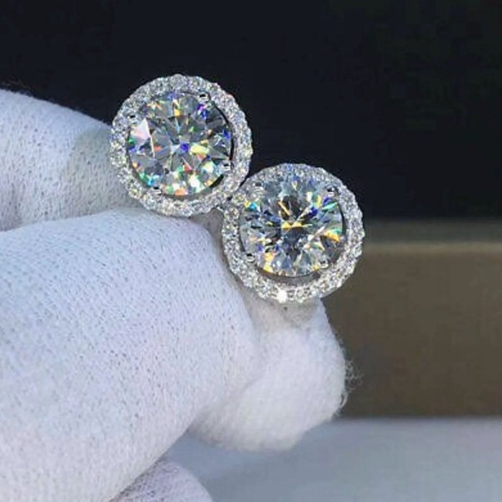18K WHITE GOLD CZ DIAMOND HALO EARRINGS - Picture 1 of 2